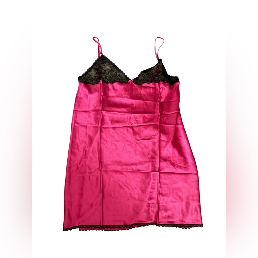 PLAYBOY Intimates Pink Satin Chemise with Black Lace